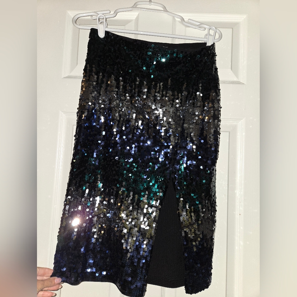 Express Black and Blue Sequin Pencil Skirt